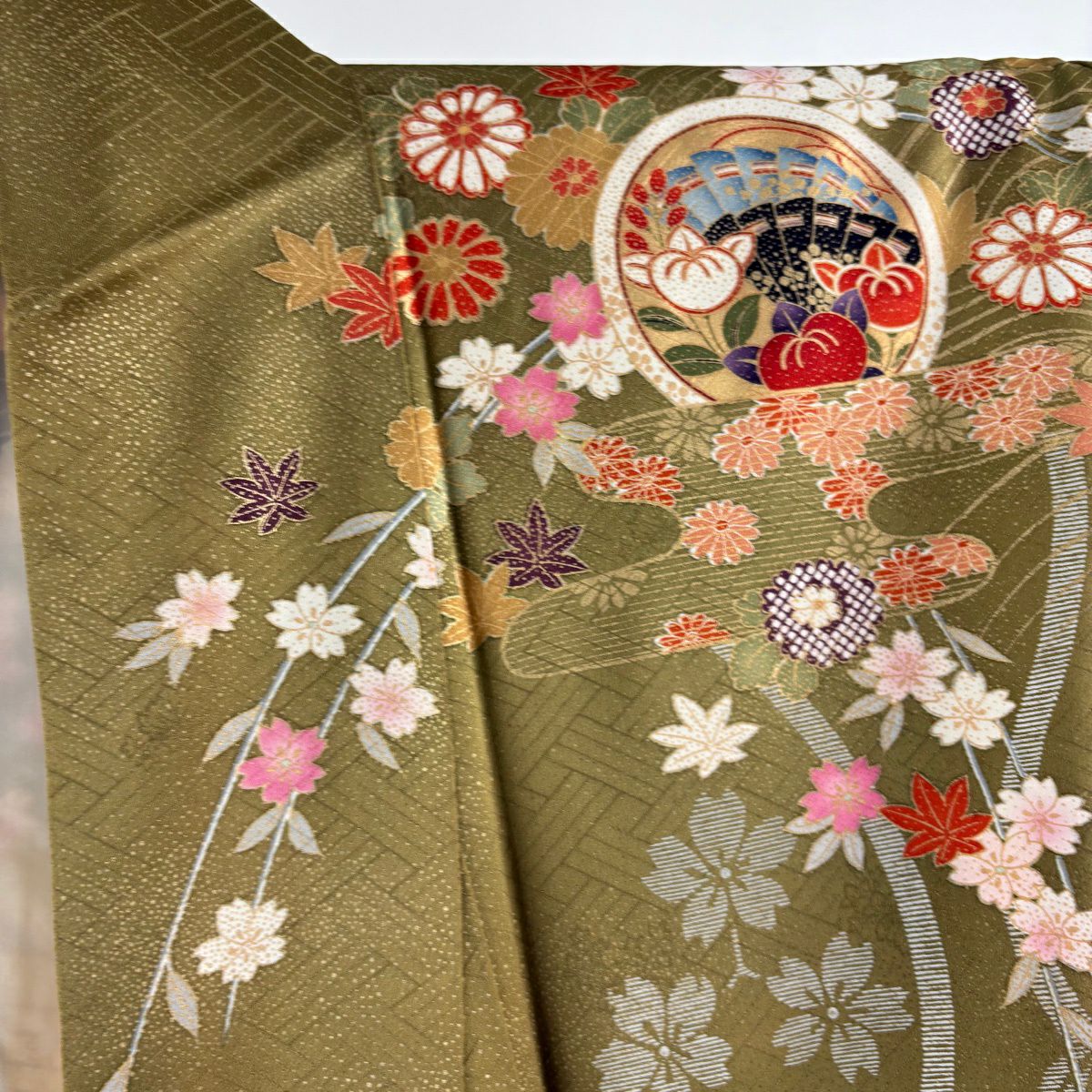 振袖禮服 身長160cm 袖長67cm M 雙層 袋帶全套 鎌倉文 松樹竹子梅花 金絲 金銀彩 茶綠 純蠶絲 優品級