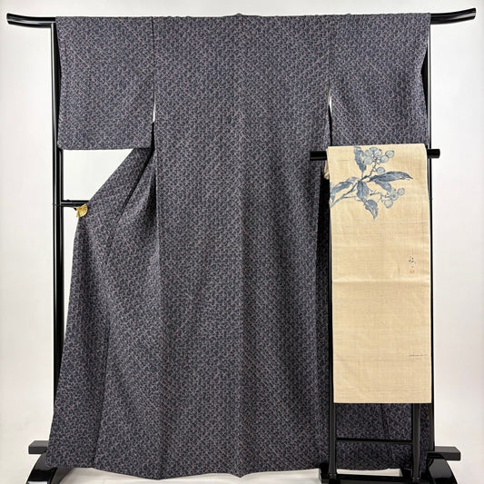 【美品】 小紋 身長165.5cm 袖長66cm M 雙層 名古屋帶套裝 幾何圖案 絞染 灰紫 純蠶絲 秀品級