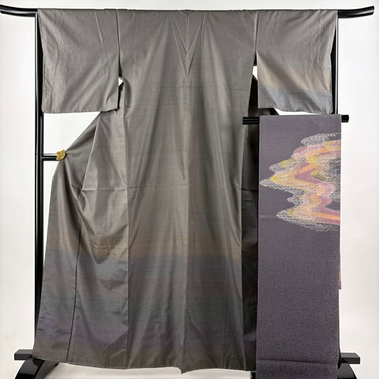 【美品】 付下 身長164cm 袖長66cm M 雙層 紬織織 袋帶套裝 段紋 灰色 純蠶絲 優品級
