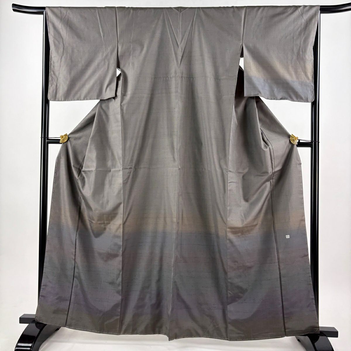 【美品】 付下 身長164cm 袖長66cm M 雙層 紬織織 袋帶套裝 段紋 灰色 純蠶絲 優品級