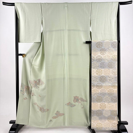 付下 身長161cm 袖長67cm M 雙層 袋帶套裝 御所車 雲紋 蘇州刺繡 淺綠 純蠶絲 優品級 一個紋