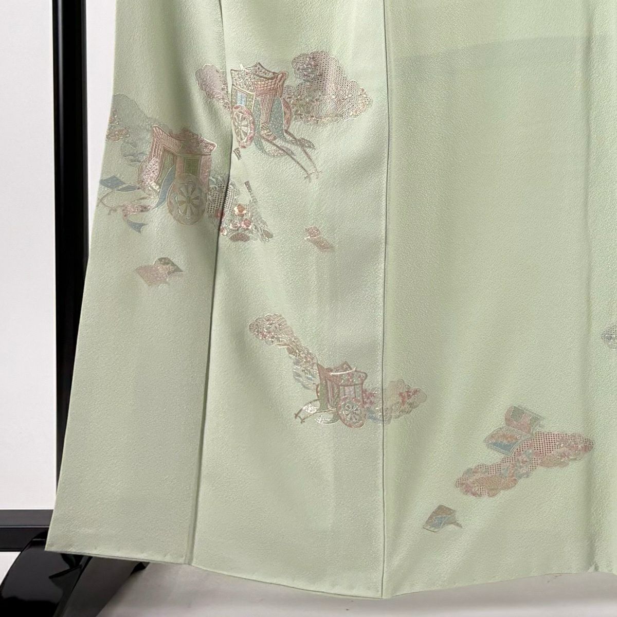 付下 身長161cm 袖長67cm M 雙層 袋帶套裝 御所車 雲紋 蘇州刺繡 淺綠 純蠶絲 優品級 一個紋
