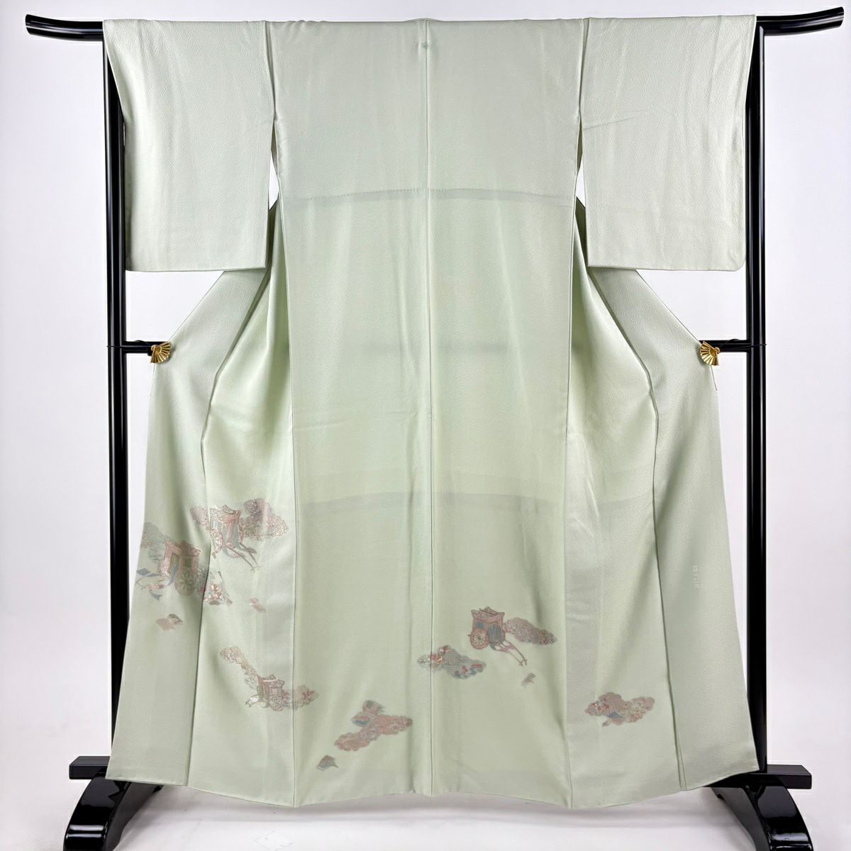付下 身長161cm 袖長67cm M 雙層 袋帶套裝 御所車 雲紋 蘇州刺繡 淺綠 純蠶絲 優品級 一個紋
