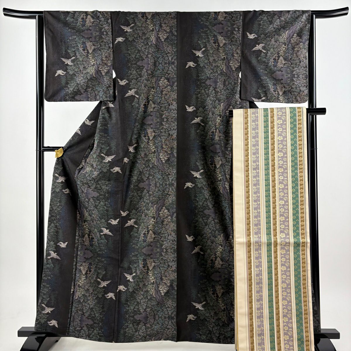【美品】 紬織 身長162.5cm 袖長64.5cm M 雙層 袋帶套裝 鳥 樹木 深紫 純蠶絲 名品級