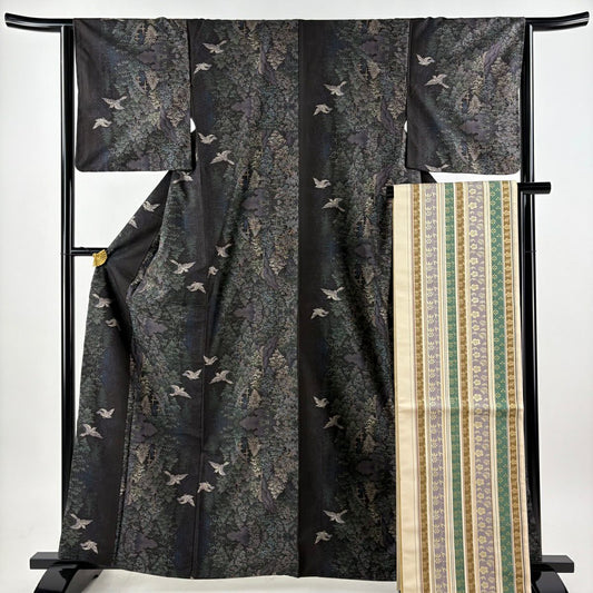 【美品】 紬織 身長162.5cm 袖長64.5cm M 雙層 袋帶套裝 鳥 樹木 深紫 純蠶絲 名品級