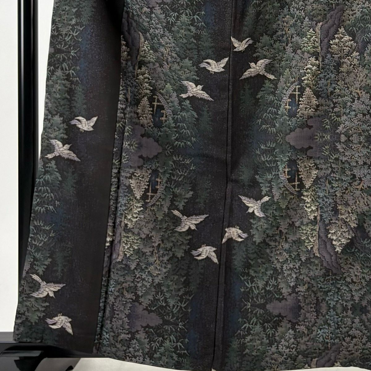 【美品】 紬織 身長162.5cm 袖長64.5cm M 雙層 袋帶套裝 鳥 樹木 深紫 純蠶絲 名品級