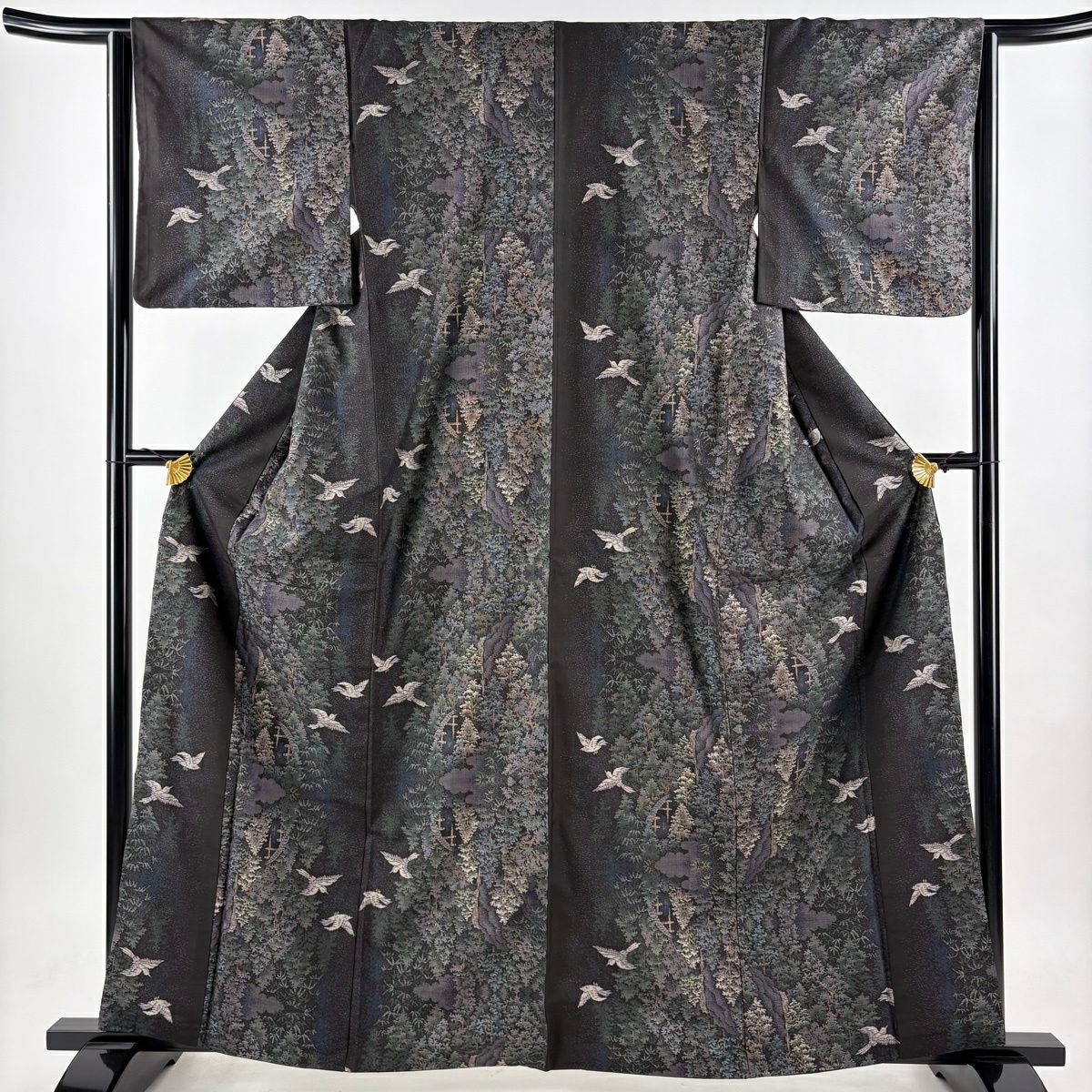【美品】 紬織 身長162.5cm 袖長64.5cm M 雙層 袋帶套裝 鳥 樹木 深紫 純蠶絲 名品級
