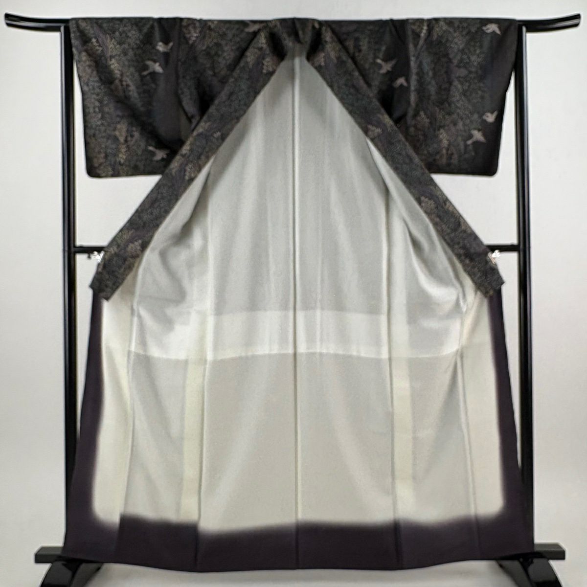 【美品】 紬織 身長162.5cm 袖長64.5cm M 雙層 袋帶套裝 鳥 樹木 深紫 純蠶絲 名品級