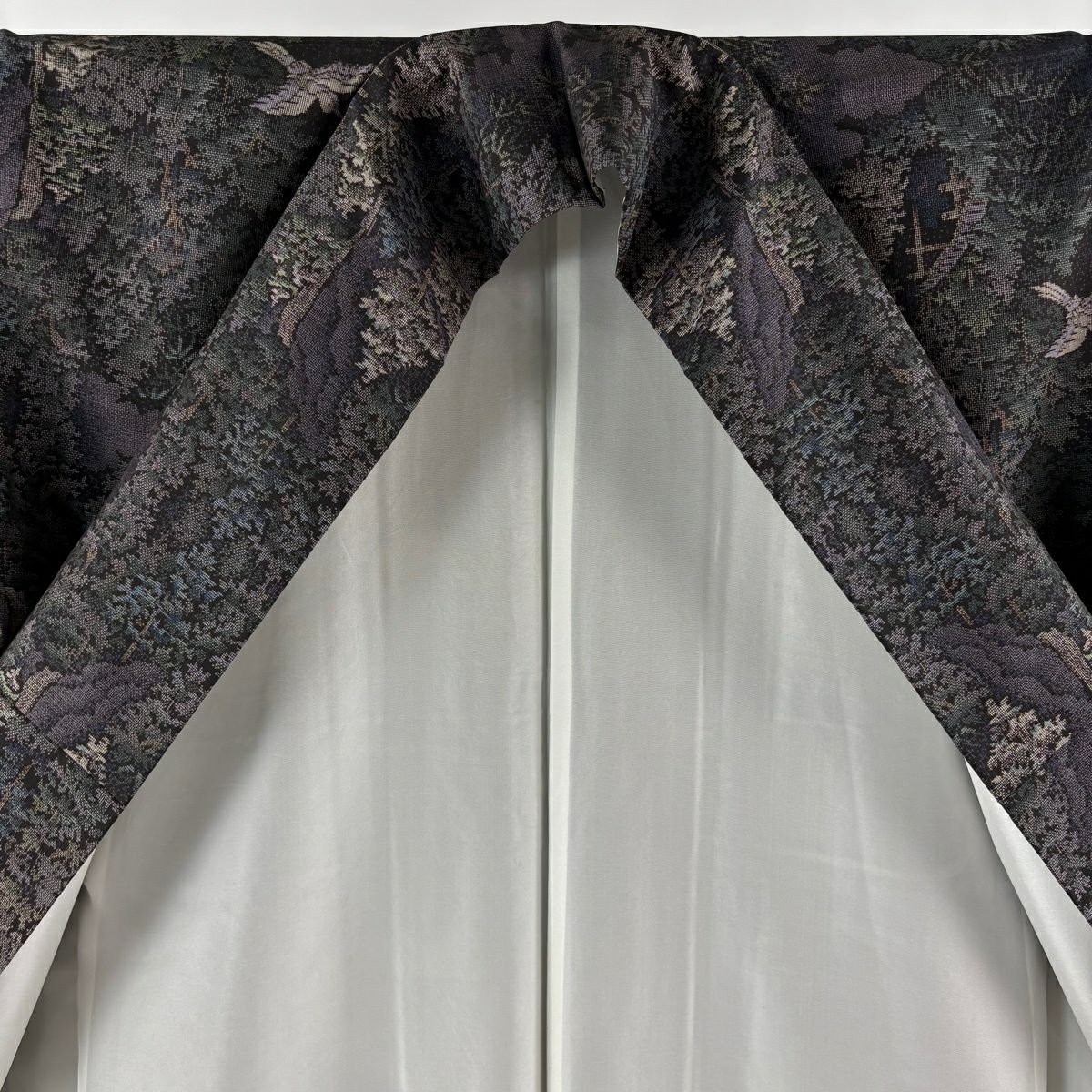 【美品】 紬織 身長162.5cm 袖長64.5cm M 雙層 袋帶套裝 鳥 樹木 深紫 純蠶絲 名品級