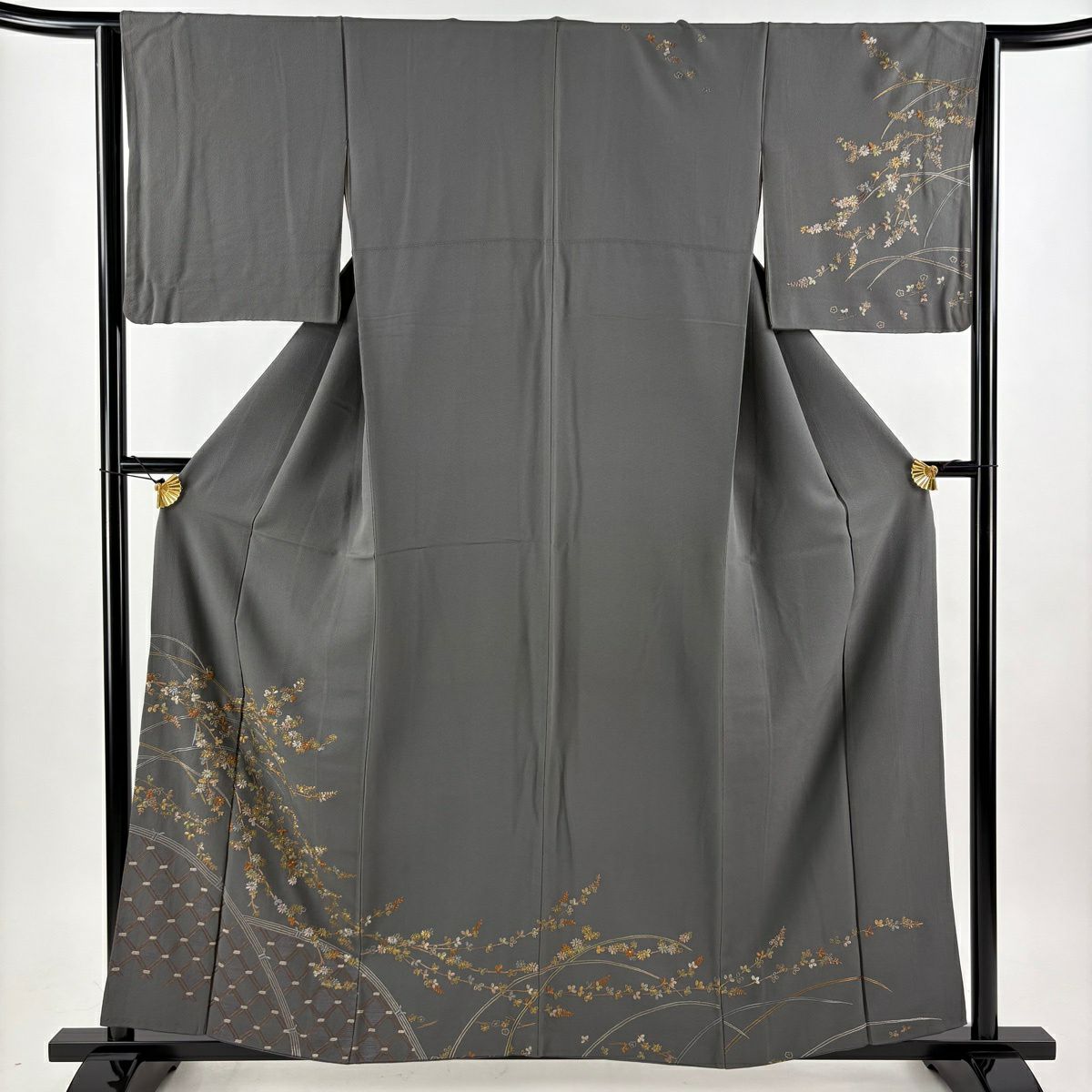 訪問服 身長157cm 袖長64cm M 雙層 菊花 萩 金糸 刺繡 灰 純蠶絲 名品級