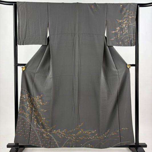 訪問服 身長157cm 袖長64cm M 雙層 菊花 萩 金糸 刺繡 灰 純蠶絲 名品級