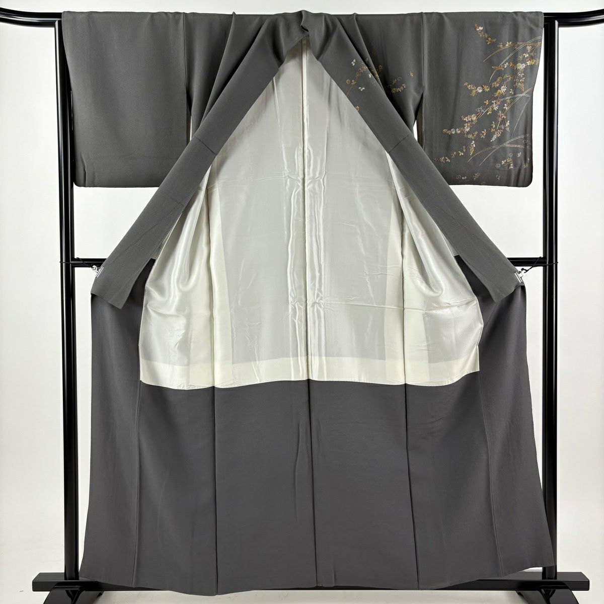 訪問服 身長157cm 袖長64cm M 雙層 菊花 萩 金糸 刺繡 灰 純蠶絲 名品級