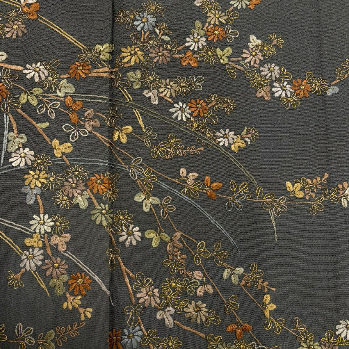 訪問服 身長157cm 袖長64cm M 雙層 菊花 萩 金糸 刺繡 灰 純蠶絲 名品級