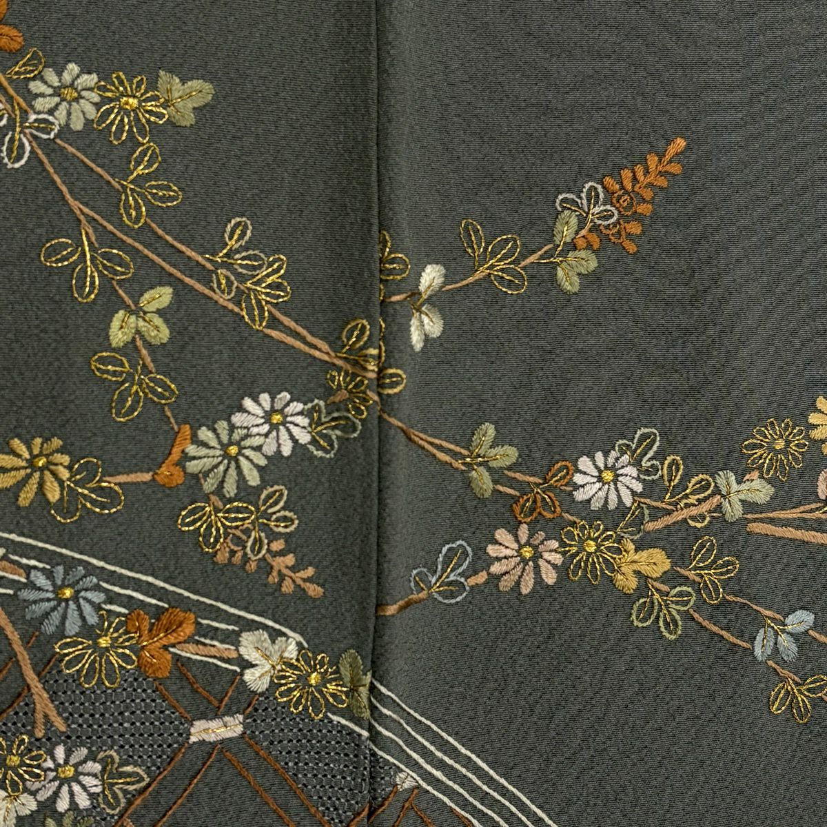 訪問服 身長157cm 袖長64cm M 雙層 菊花 萩 金糸 刺繡 灰 純蠶絲 名品級