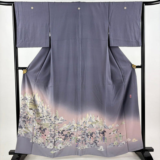 灰紫色留袖禮服 身長160.5cm 袖長64cm M 雙層 有落款 人物 風景 漸層 純蠶絲 名品級 三つ紋