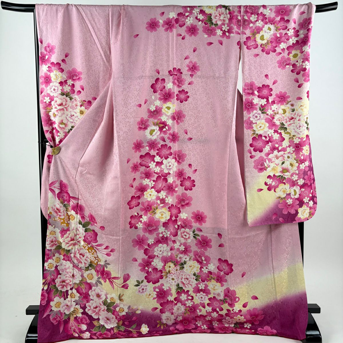 振袖禮服 身長172.5cm 袖長72.5cm L 雙層 牡丹 雪輪 漸層 金金箔 粉紅 純蠶絲 名品級