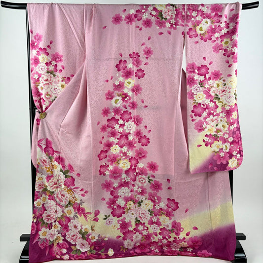 振袖禮服 身長172.5cm 袖長72.5cm L 雙層 牡丹 雪輪 漸層 金金箔 粉紅 純蠶絲 名品級