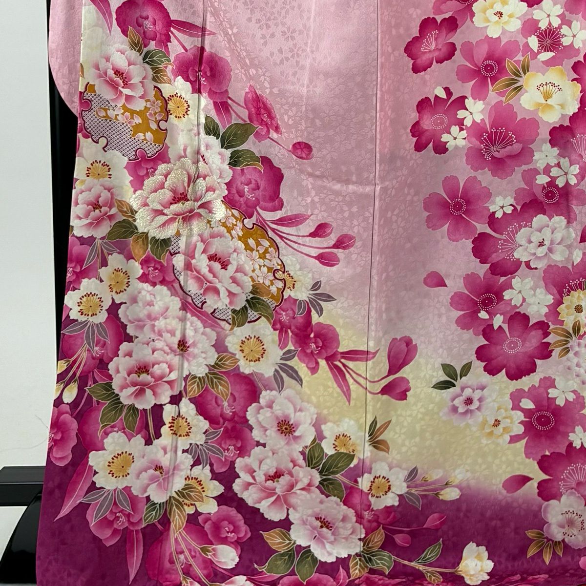 振袖禮服 身長172.5cm 袖長72.5cm L 雙層 牡丹 雪輪 漸層 金金箔 粉紅 純蠶絲 名品級