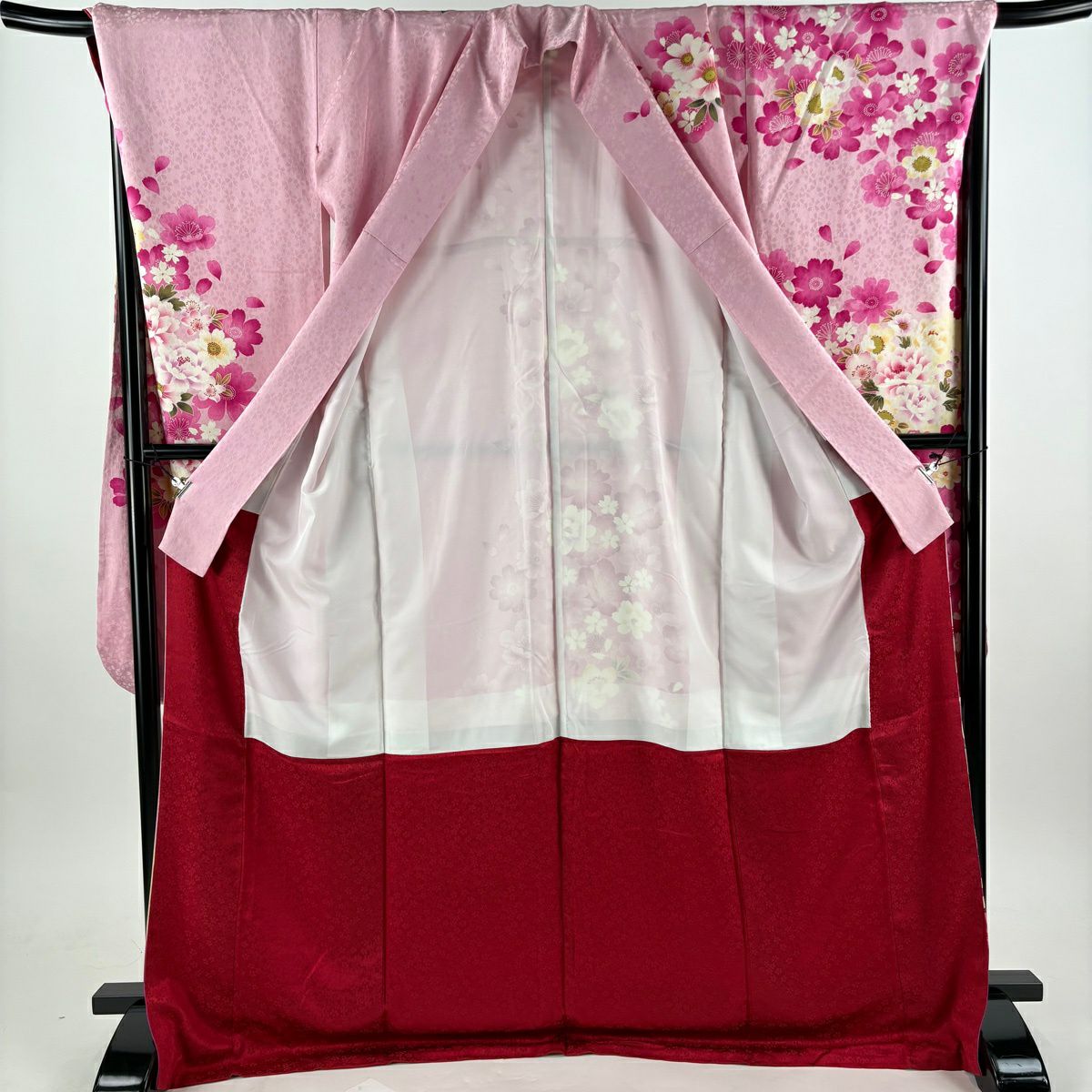 振袖禮服 身長172.5cm 袖長72.5cm L 雙層 牡丹 雪輪 漸層 金金箔 粉紅 純蠶絲 名品級
