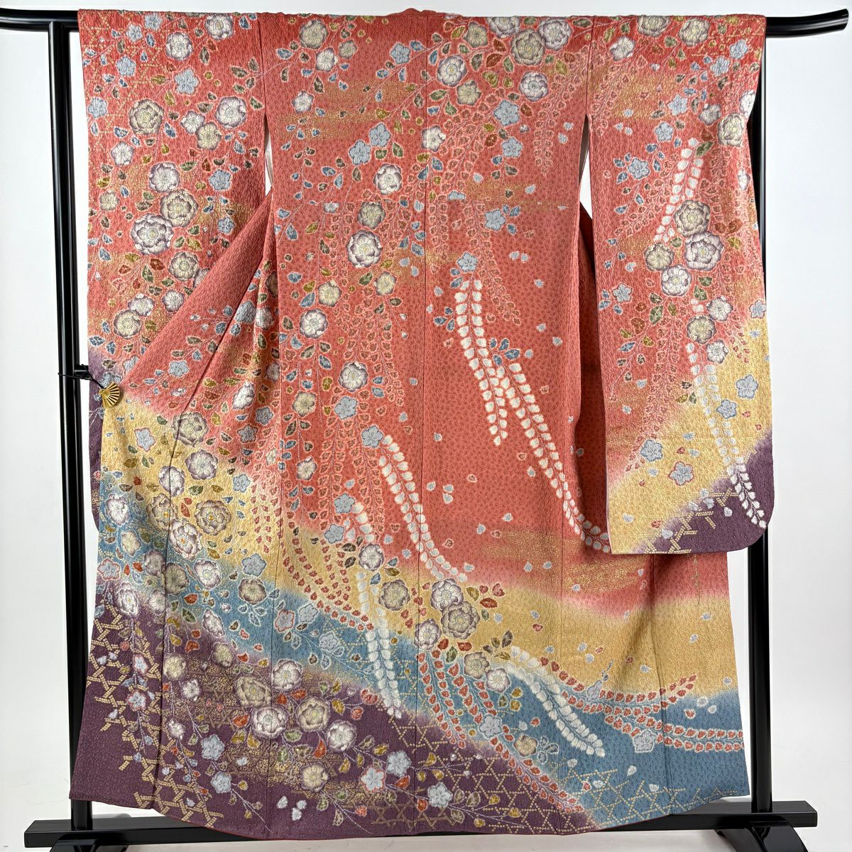 振袖禮服 身長155.5cm 袖長63.5cm S 雙層 落款あり 辻花染 銀通 金糸 茜 純蠶絲 名品級
