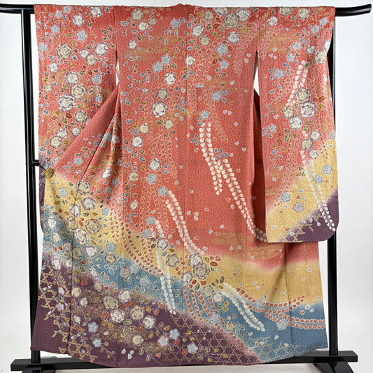 振袖禮服 身長155.5cm 袖長63.5cm S 雙層 落款あり 辻花染 銀通 金糸 茜 純蠶絲 名品級