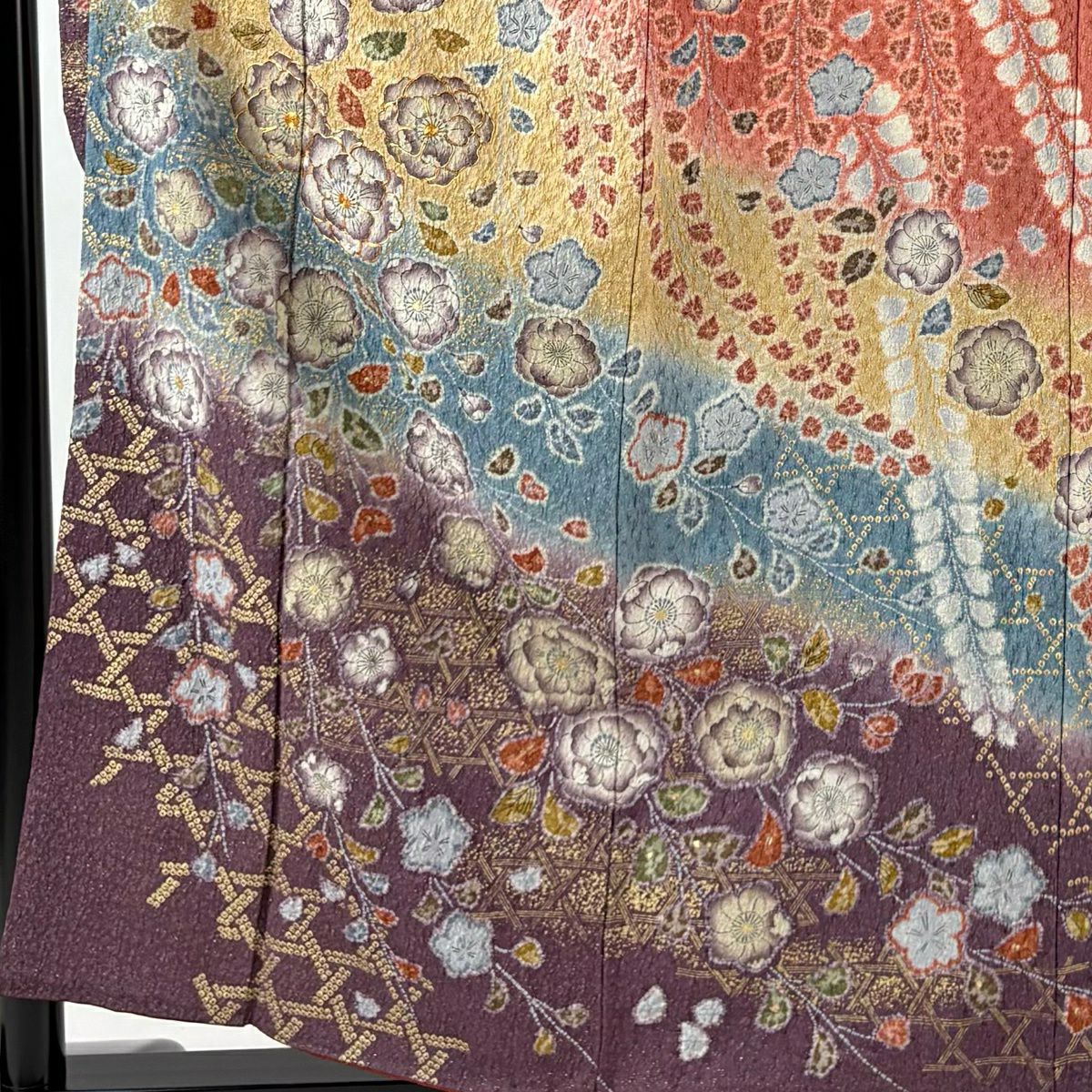 振袖禮服 身長155.5cm 袖長63.5cm S 雙層 落款あり 辻花染 銀通 金糸 茜 純蠶絲 名品級