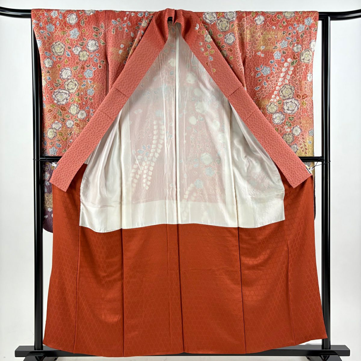 振袖禮服 身長155.5cm 袖長63.5cm S 雙層 落款あり 辻花染 銀通 金糸 茜 純蠶絲 名品級