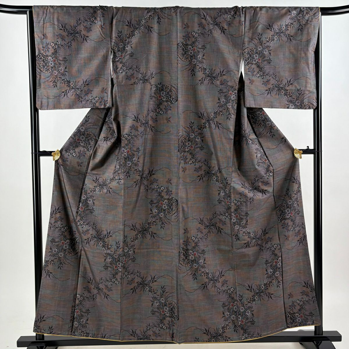 【美品】 紬織織 身長158cm 袖長66.5cm M 雙層 草花紋紋 灰紫 純蠶絲 名品級