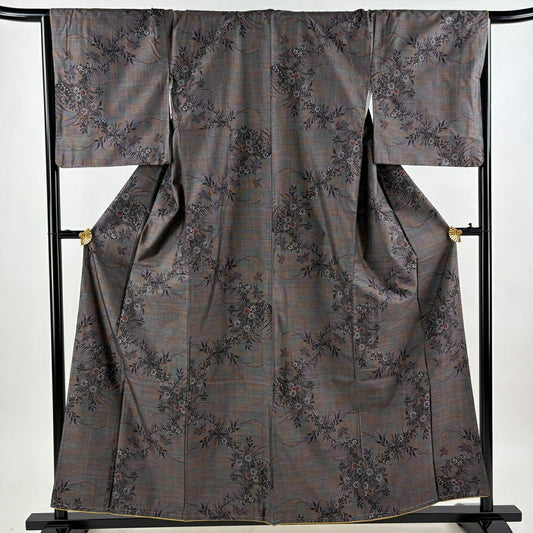 【美品】 紬織織 身長158cm 袖長66.5cm M 雙層 草花紋紋 灰紫 純蠶絲 名品級