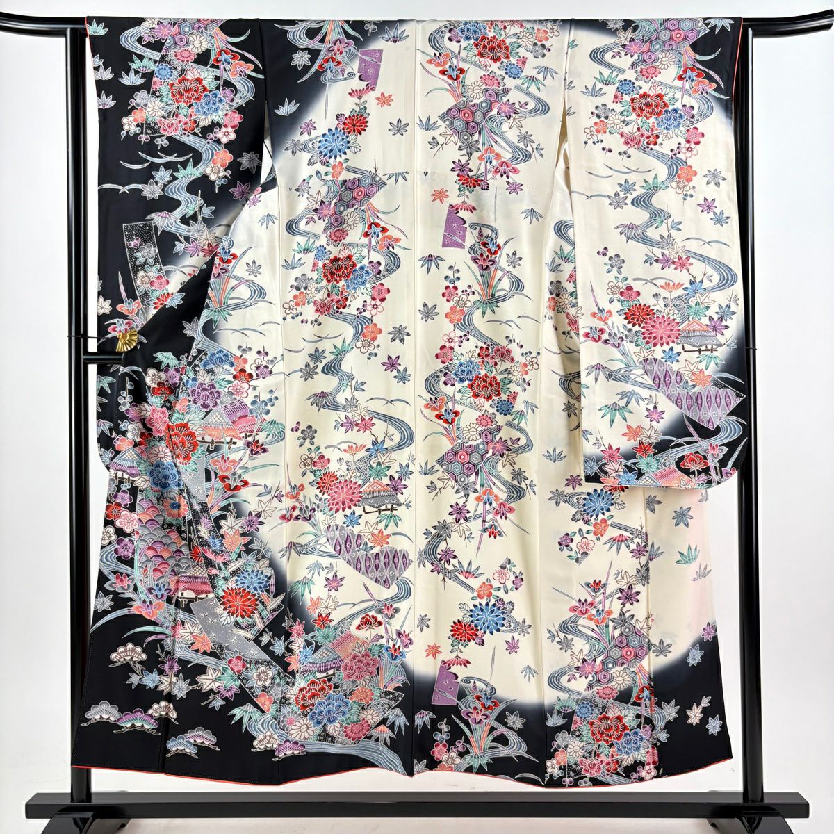 振袖禮服 身長151.5cm 袖長63cm S 雙層 建物 草花紋紋 染分 黑 純蠶絲 名品級