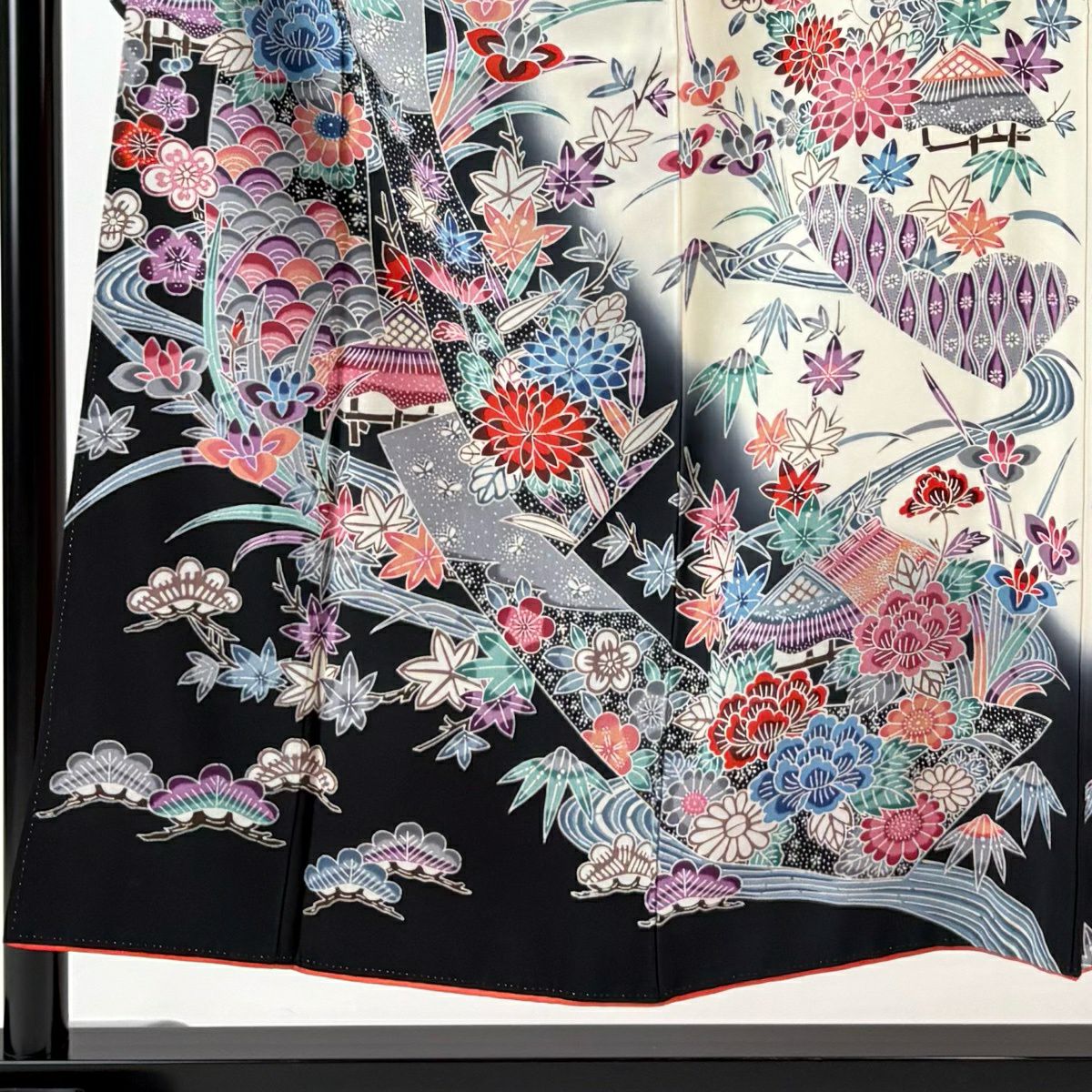 振袖禮服 身長151.5cm 袖長63cm S 雙層 建物 草花紋紋 染分 黑 純蠶絲 名品級