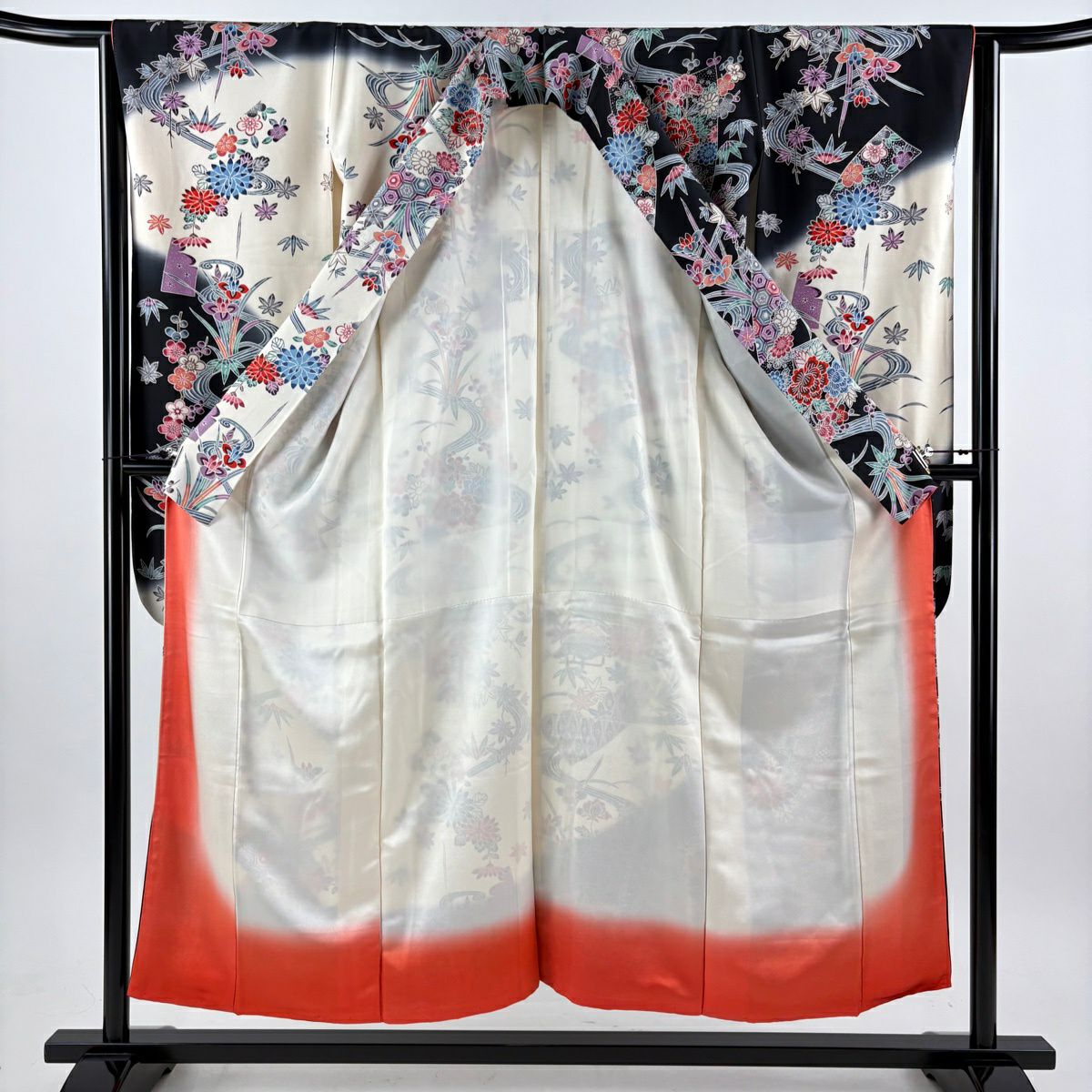振袖禮服 身長151.5cm 袖長63cm S 雙層 建物 草花紋紋 染分 黑 純蠶絲 名品級