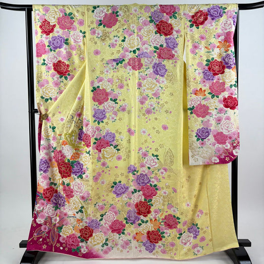 振袖禮服 身長165cm 袖長64.5cm M 雙層 牡丹 蝶 金銀彩 黃色 純蠶絲 名品級