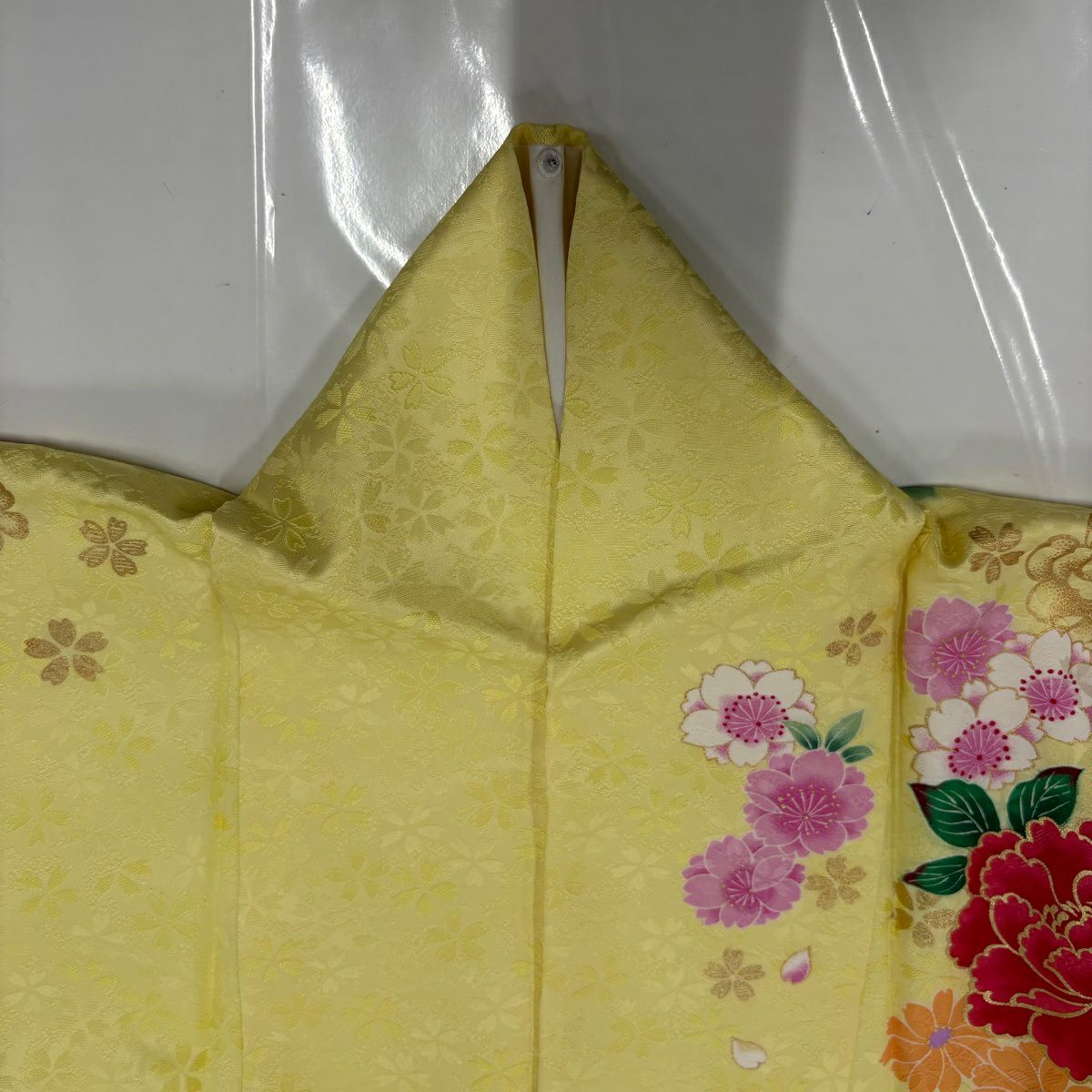 振袖禮服 身長165cm 袖長64.5cm M 雙層 牡丹 蝶 金銀彩 黃色 純蠶絲 名品級