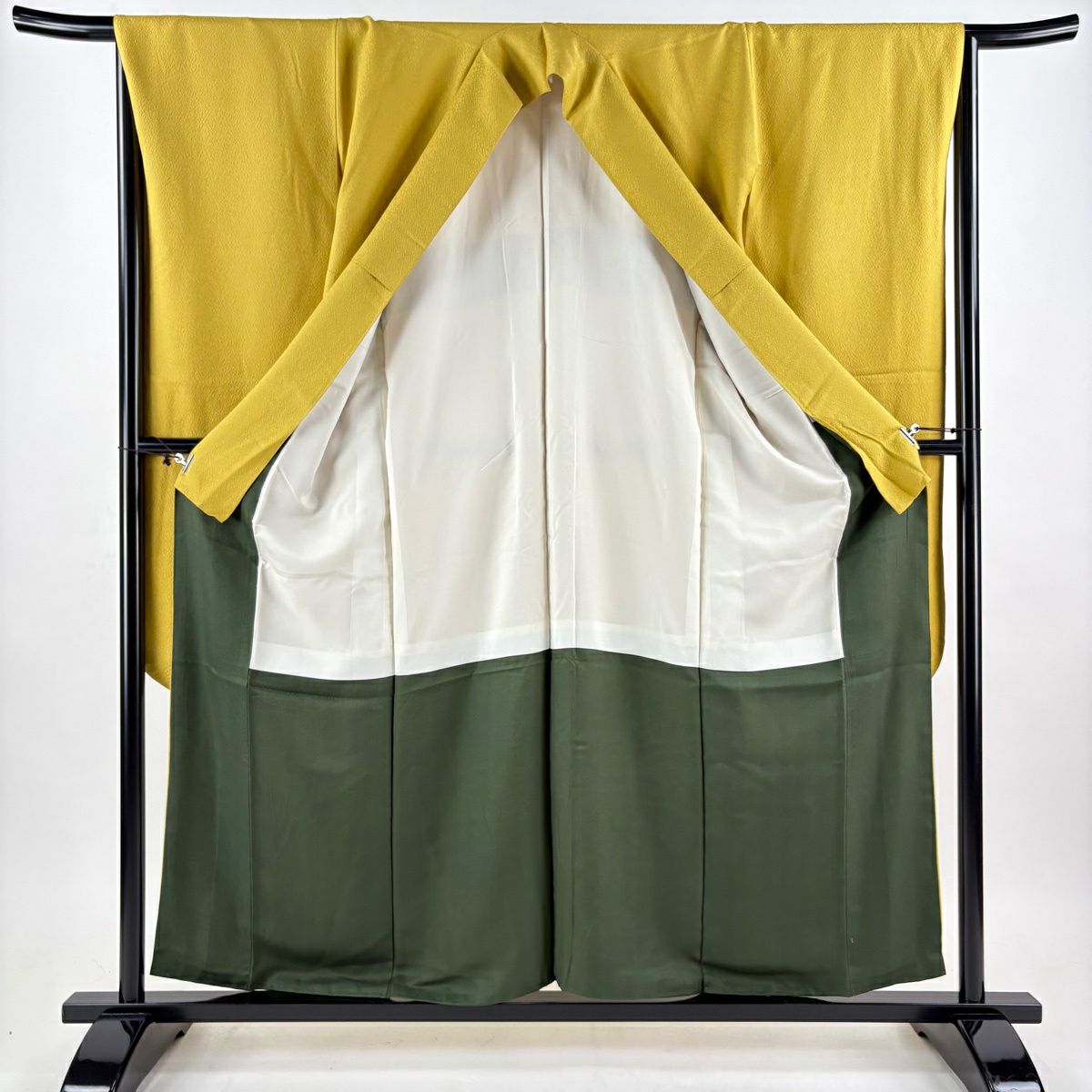 【美品】振袖禮服 身長158cm 袖長65.5cm M 雙層 地紋 芥末色 純蠶絲 名品級
