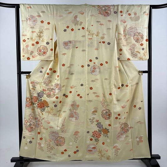 【美品】訪問服 身長159.5cm 袖長63.5cm S 雙層 雪輪 牡丹 金絲 金銀彩 米色 純蠶絲 名品級