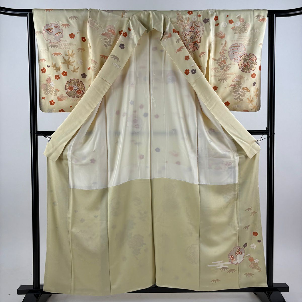 【美品】訪問服 身長159.5cm 袖長63.5cm S 雙層 雪輪 牡丹 金絲 金銀彩 米色 純蠶絲 名品級