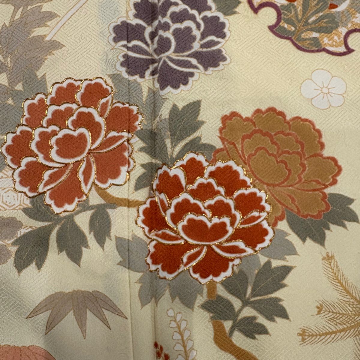 【美品】訪問服 身長159.5cm 袖長63.5cm S 雙層 雪輪 牡丹 金絲 金銀彩 米色 純蠶絲 名品級