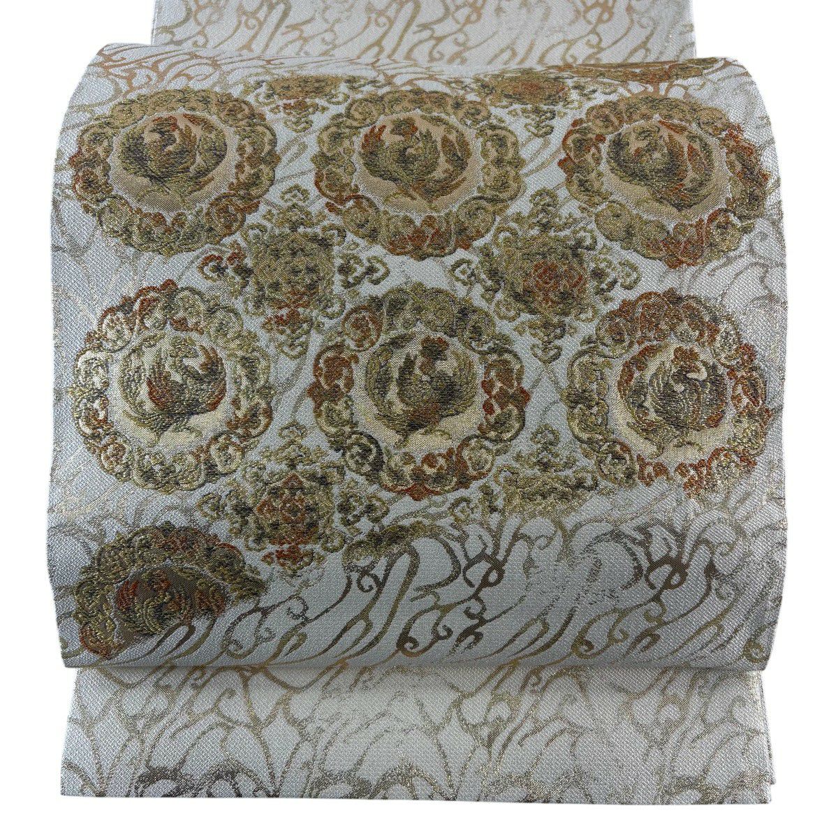 袋帶 名品級 雙面 本金明暉瑞鳥紋 金絲 金金箔 奶油色 大鼓圖案 純蠶絲