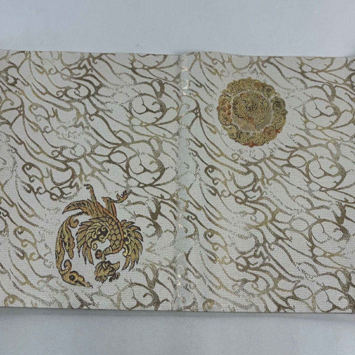 袋帶 名品級 雙面 本金明暉瑞鳥紋 金絲 金金箔 奶油色 大鼓圖案 純蠶絲