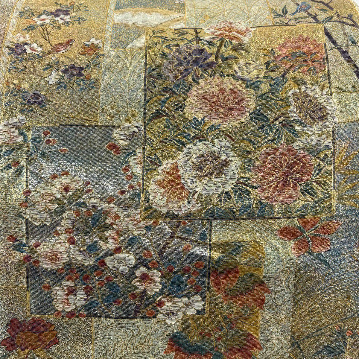 袋帶 名品級 近代花鳥畫 金絲 金金箔 金色 大鼓圖案 純蠶絲