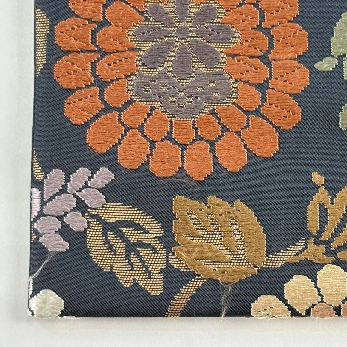 袋帶 名品級 草花紋 唐織 金線 深藍 六通 純蠶絲
