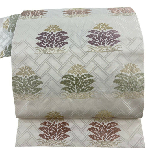 名古屋帶 名品級 草花紋 金糸 奶油色 純蠶絲