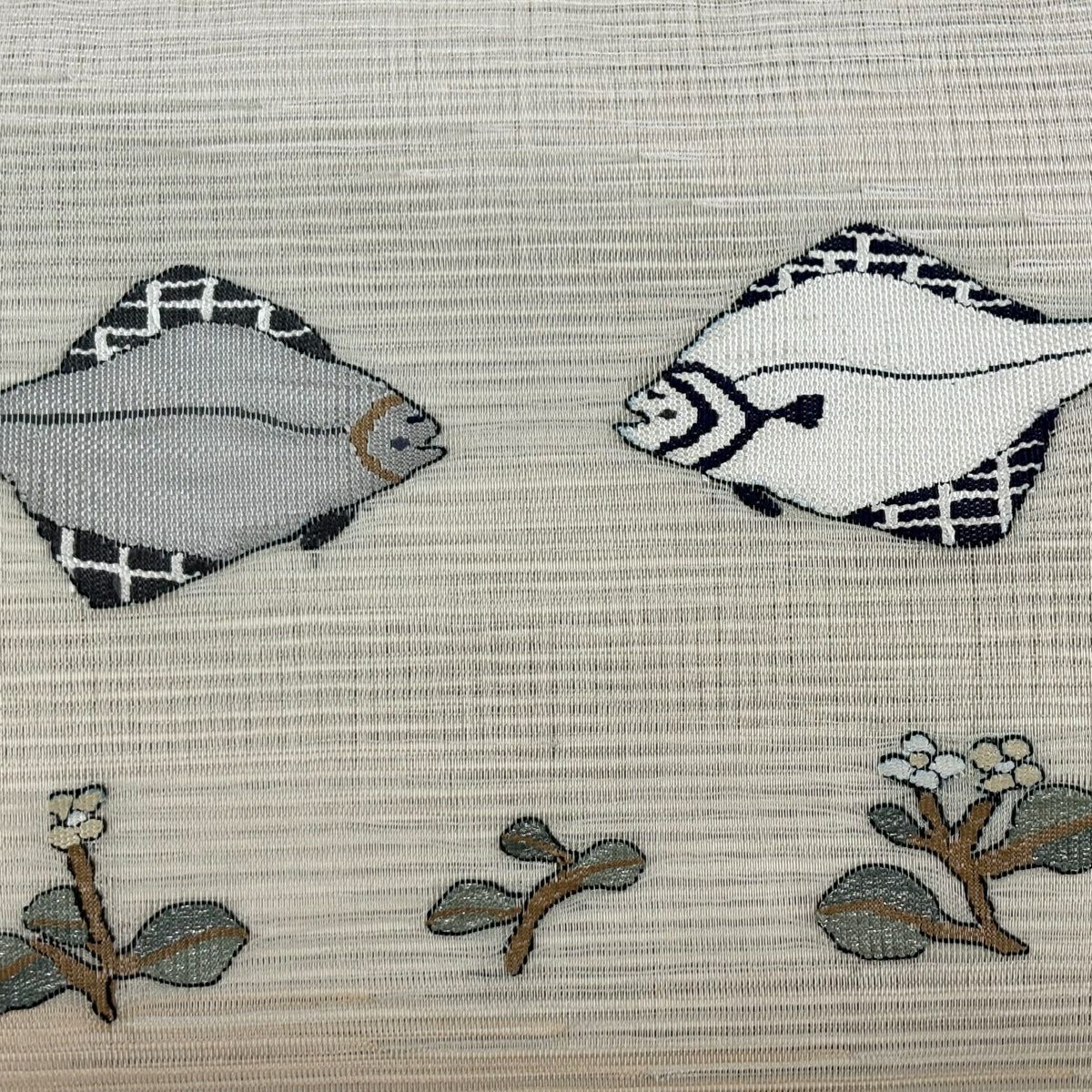 名古屋帶 名品級 夏帶 絽 魚 草花紋紋 銀線 米色 純蠶絲