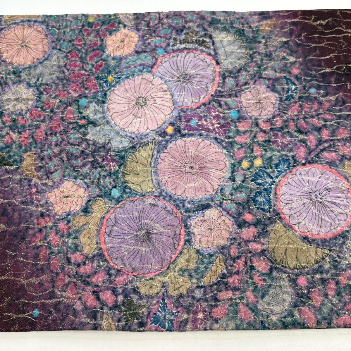 【美品】 袋帶 名品級 辻花染 幾何圖案 金絲 紅紫 お太鼓圖案 純蠶絲