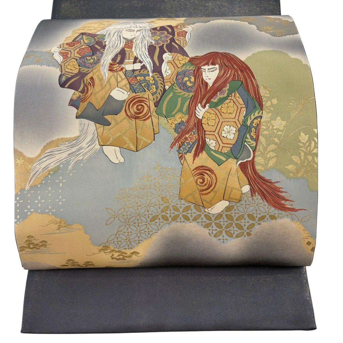 袋帶 名品級 樽本伊勢蔵 落款 連獅子 人物 金絲 金銀彩 灰色 大鼓圖案 純蠶絲