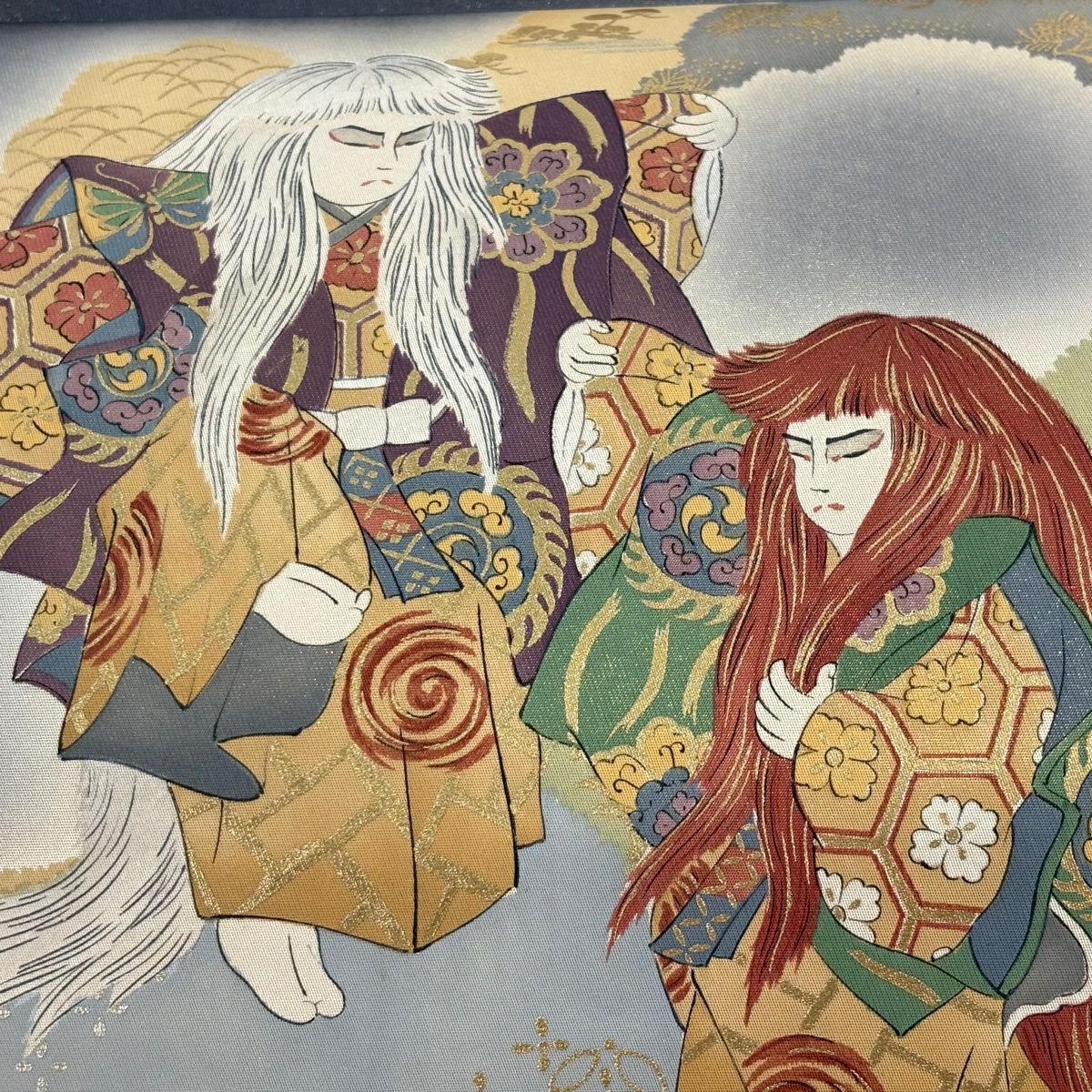 袋帶 名品級 樽本伊勢蔵 落款 連獅子 人物 金絲 金銀彩 灰色 大鼓圖案 純蠶絲