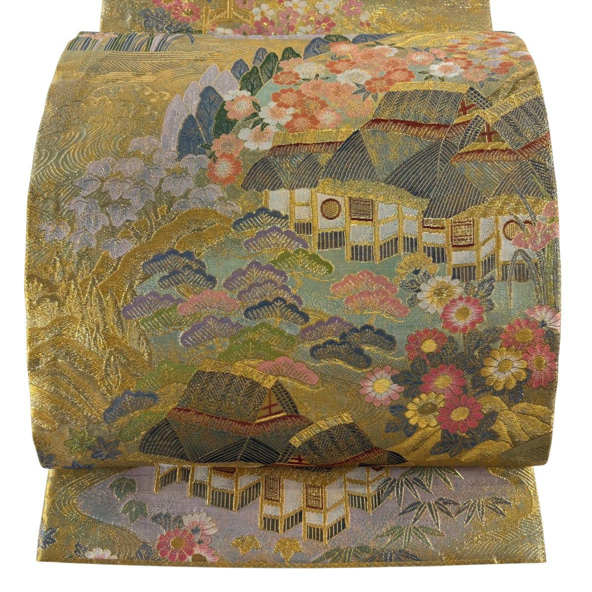 【美品】 袋帶 名品級 純金金箔 平成乃至寶 關西仕立 風景 松樹竹子梅花 金絲 金 全通 純蠶絲