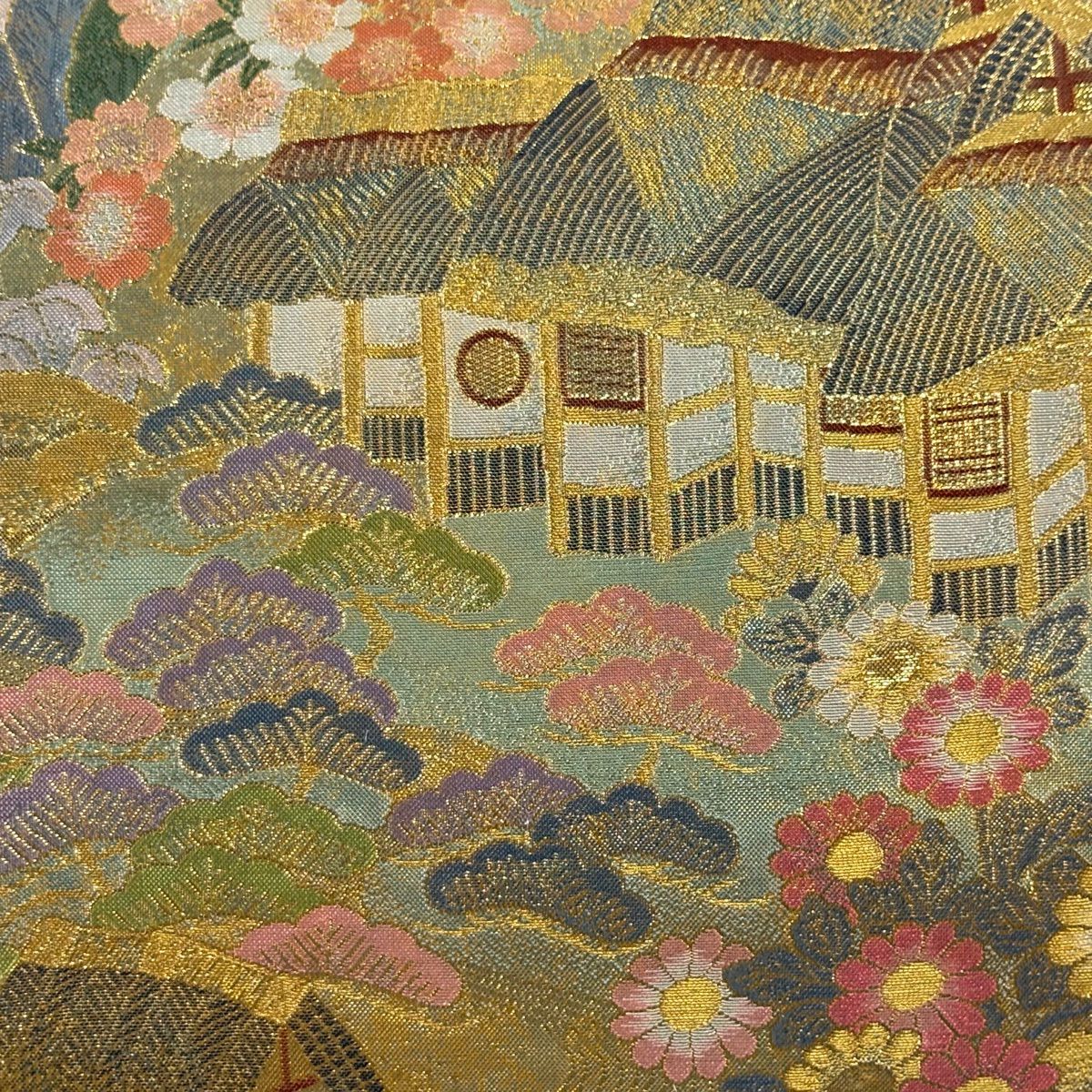 【美品】 袋帶 名品級 純金金箔 平成乃至寶 關西仕立 風景 松樹竹子梅花 金絲 金 全通 純蠶絲