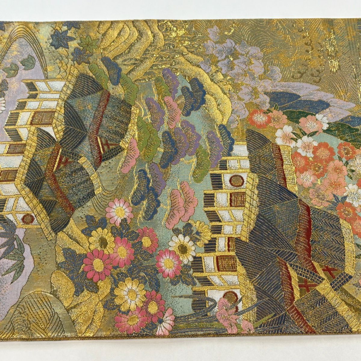 【美品】 袋帶 名品級 純金金箔 平成乃至寶 關西仕立 風景 松樹竹子梅花 金絲 金 全通 純蠶絲